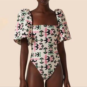 Print Puff Sleeve Swimsuit One Piece